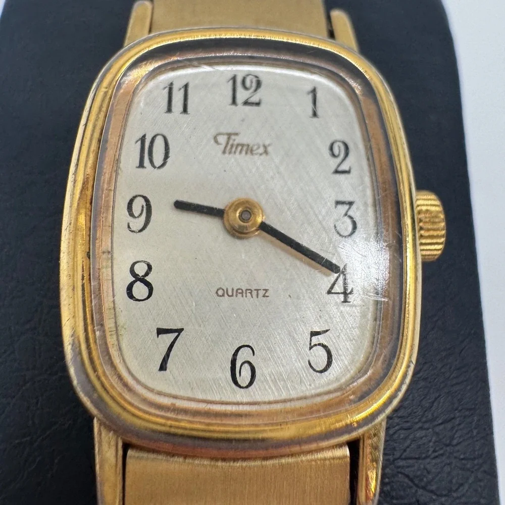 Vintage Timex Quartz Watch Gold Tone Cushion Case Expansion Band needs bat